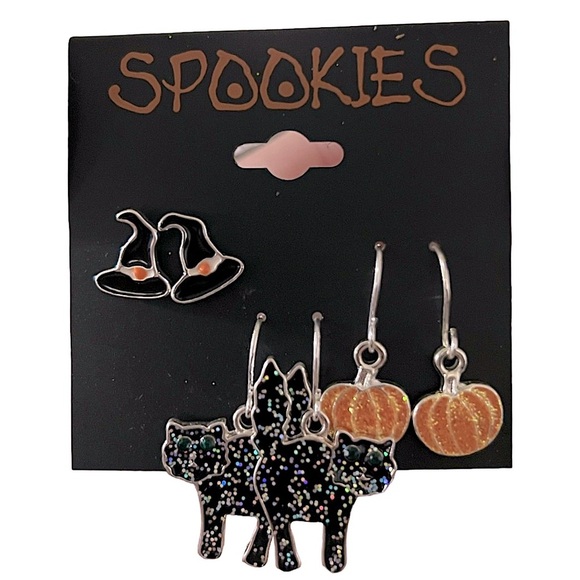 Halloween Sparkly Black Cat Witch Hat and Pumpkin Costume Earrings Set - Picture 2 of 4